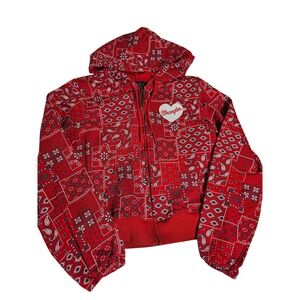 Wrangler Retro Bandana Patchwork Zip Up Cropped Hoodie Heart Logo 10LWK537R L